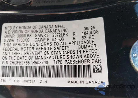 2026 Honda Civic Sport from USA, damaged, VIN 2HGFE2F55TH503700